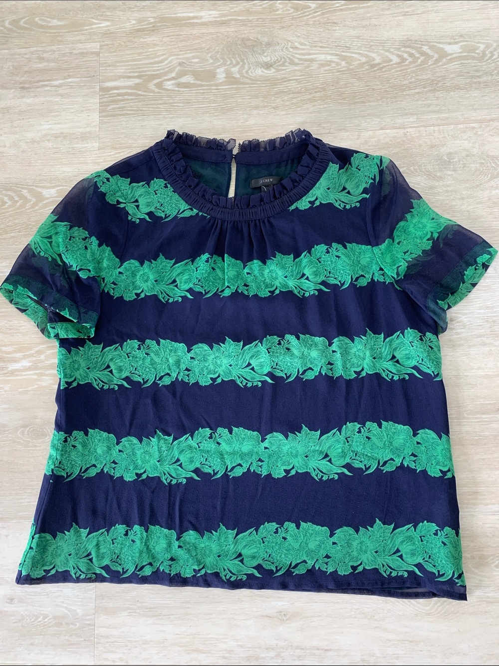 J.Crew, Silk Green Floral Stripe  Navy Blouse.